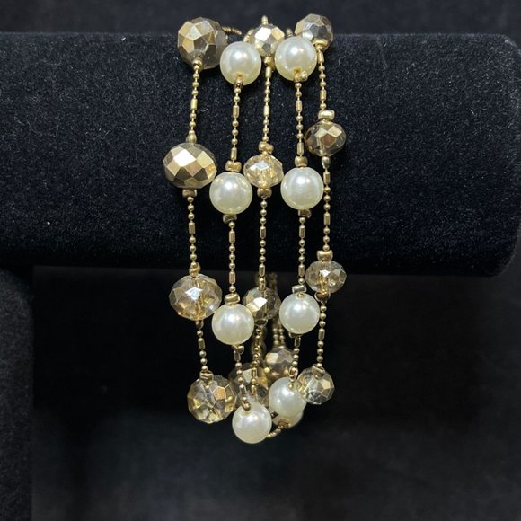Vintage Gold Tone, Faux Pearl And Beaded 5 Strand Bracelet (4039) - Picture 1 of 3